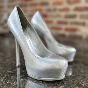 Yves Saint Laurent Tribtoo 105 Platform Napa Silk Argento Pumps Shoes 39.5/9
